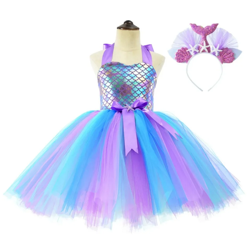 Little Mermaid Princess Dresses for Girls Kids Tutu Dress for Mermaid Birthday Party Costumes Halloween Clothes Set for Children