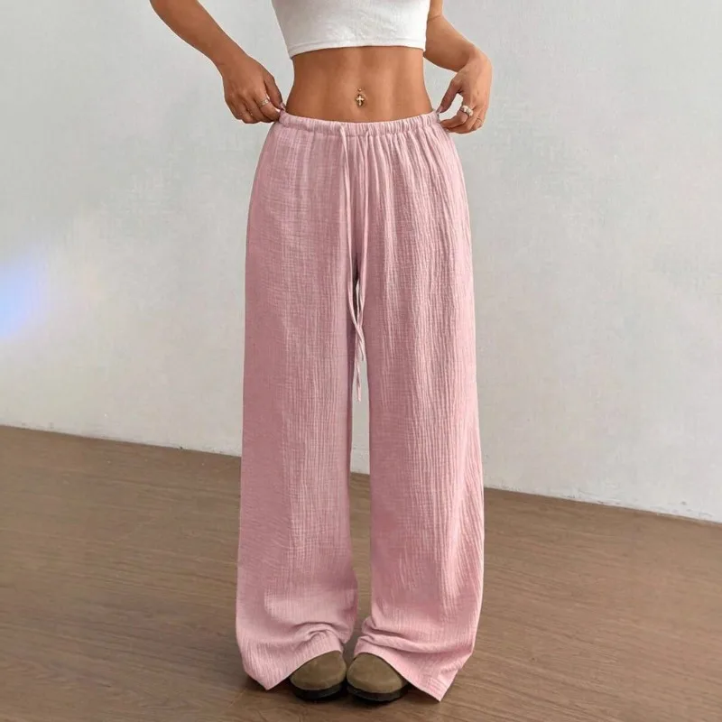 Women's Elegant Multi-Functional Stretch Waist Comfortable Casual Pants, Slightly Stretchy Simple Solid Textured Fabric High-Waist Wide-Leg Pants with Drawstring Waist and Slanted Pockets