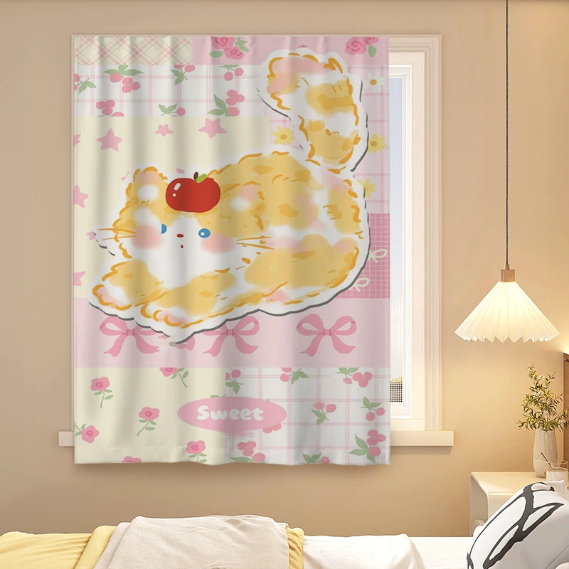 VIKAMA Apple Cat Bow Floral Velcro Curtain Punch‑Free Self‑Adhesive Window Drapes Cute Cartoon Print For Kids Bedroom Home Decor
