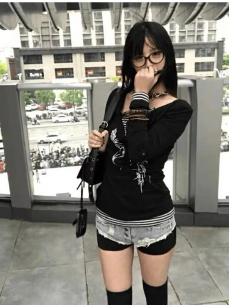 

Американский ретро панк волнистый вырез из двух частей Топы Mujer Весна Осень Новая футболка для женщин Y2k Slim Fit Футболка с длинным рукавом