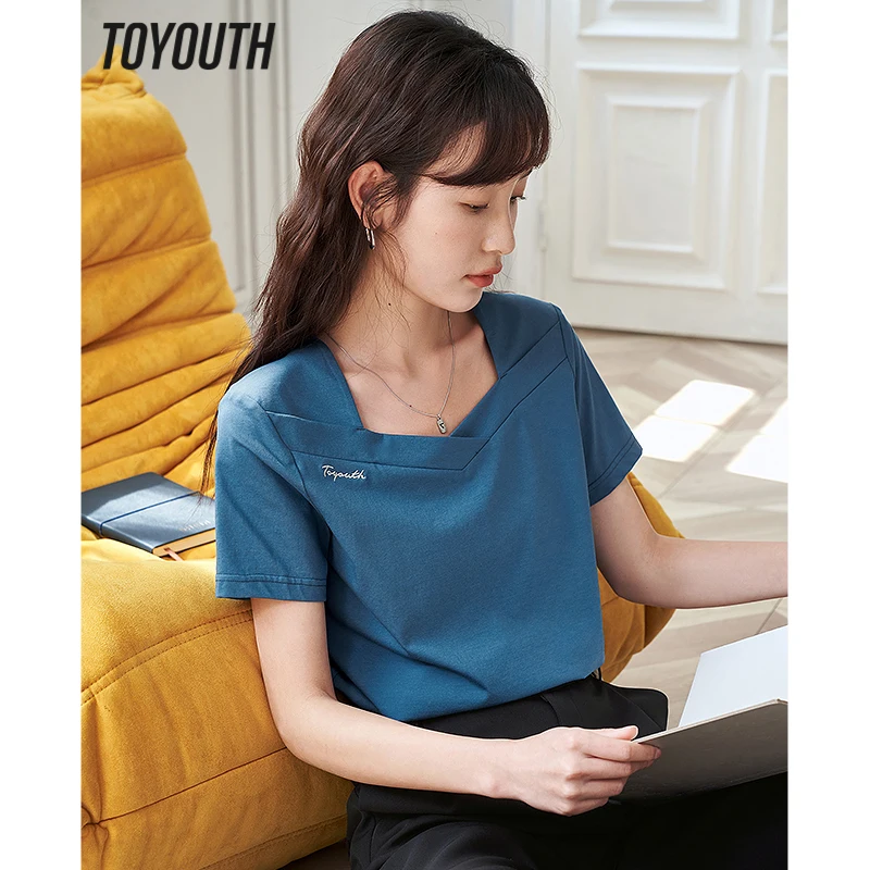 

Toyouth Women T-shirt 2023 Summer Short Sleeve Heart Neckline Slim Fit Tees Embroidery Black Purple Blue Casual Chic Basic Tops