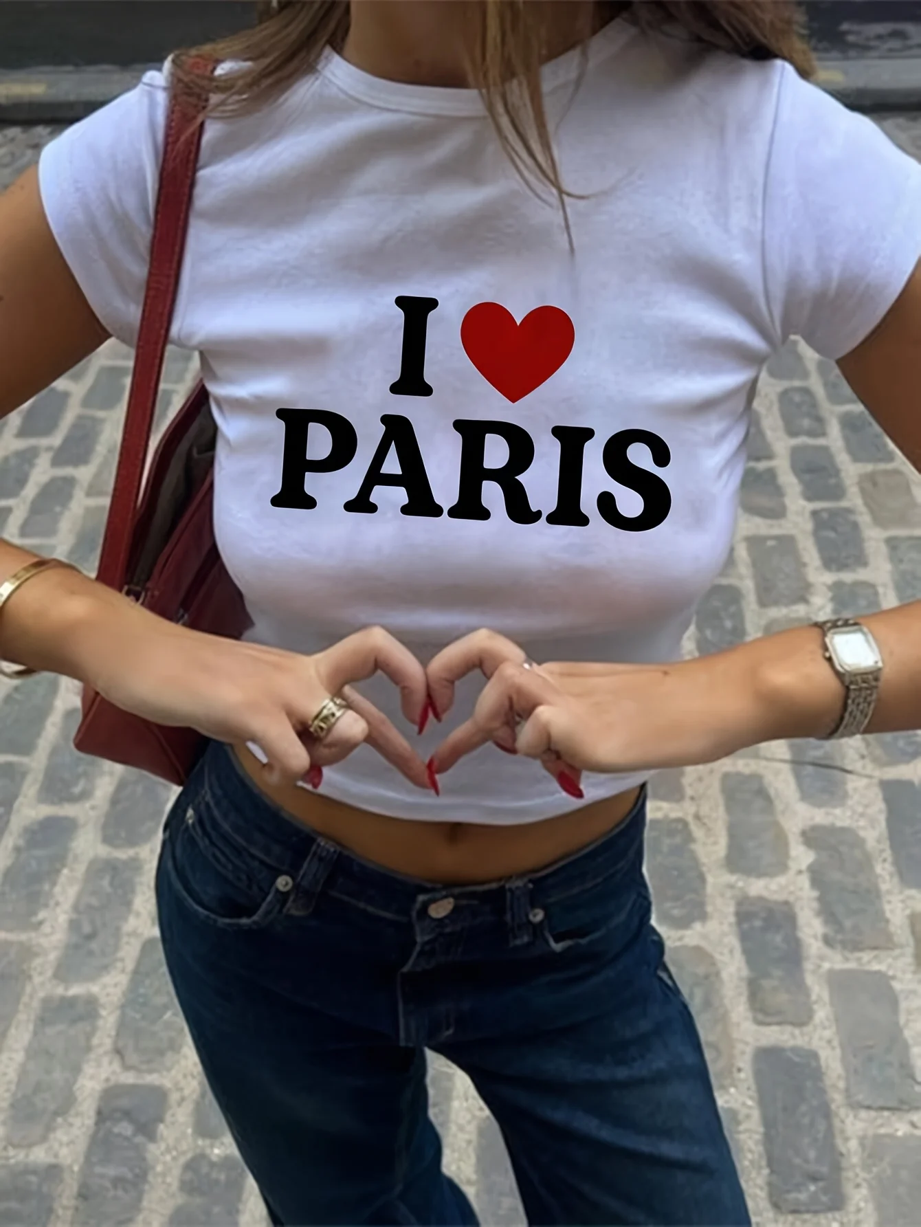 

Women'S "I Love Paris" White Crop Top T-Shirt Short Sleeve Harajuku Sleeve Casual Clothing Street Tops Tees Aesthetic Clothes