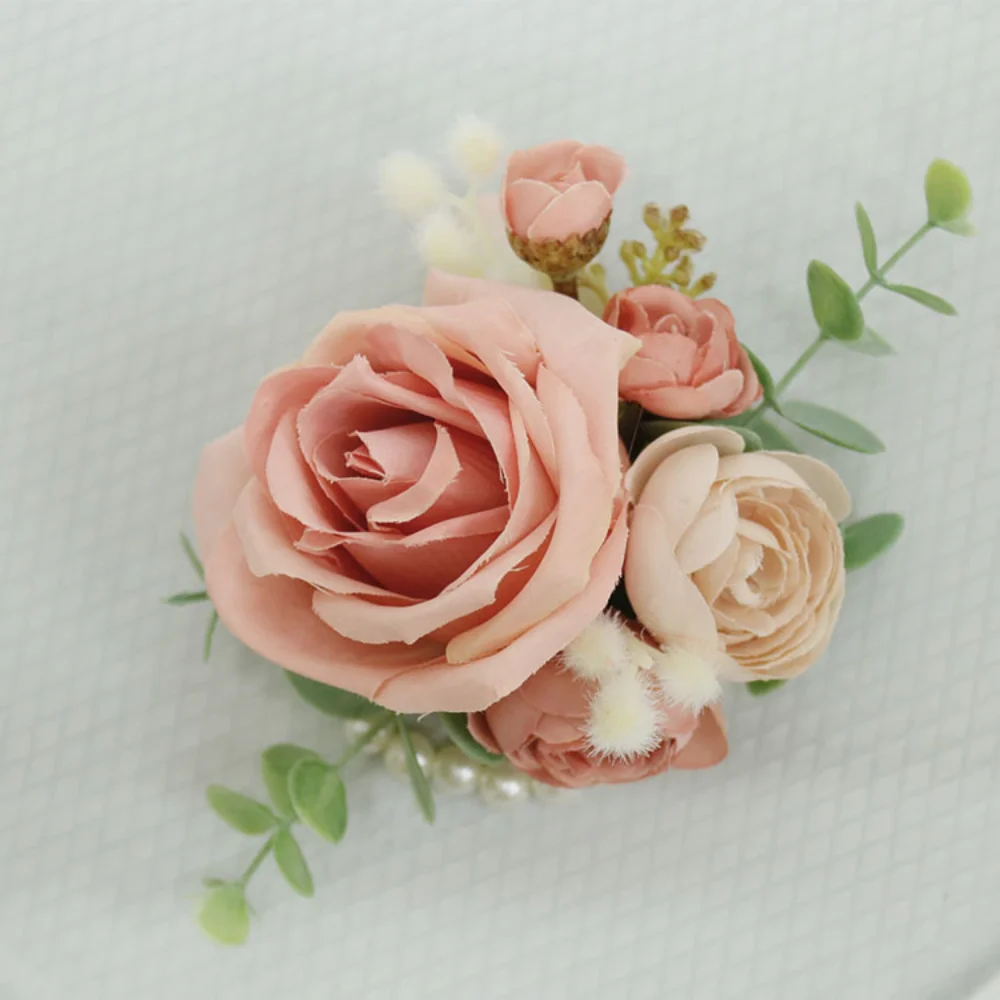 Boutonnière rose poussiéreux pour épingles de mariage, accessoires artificiels faits à la main pour demoiselle d'honneur, corsage de poignet