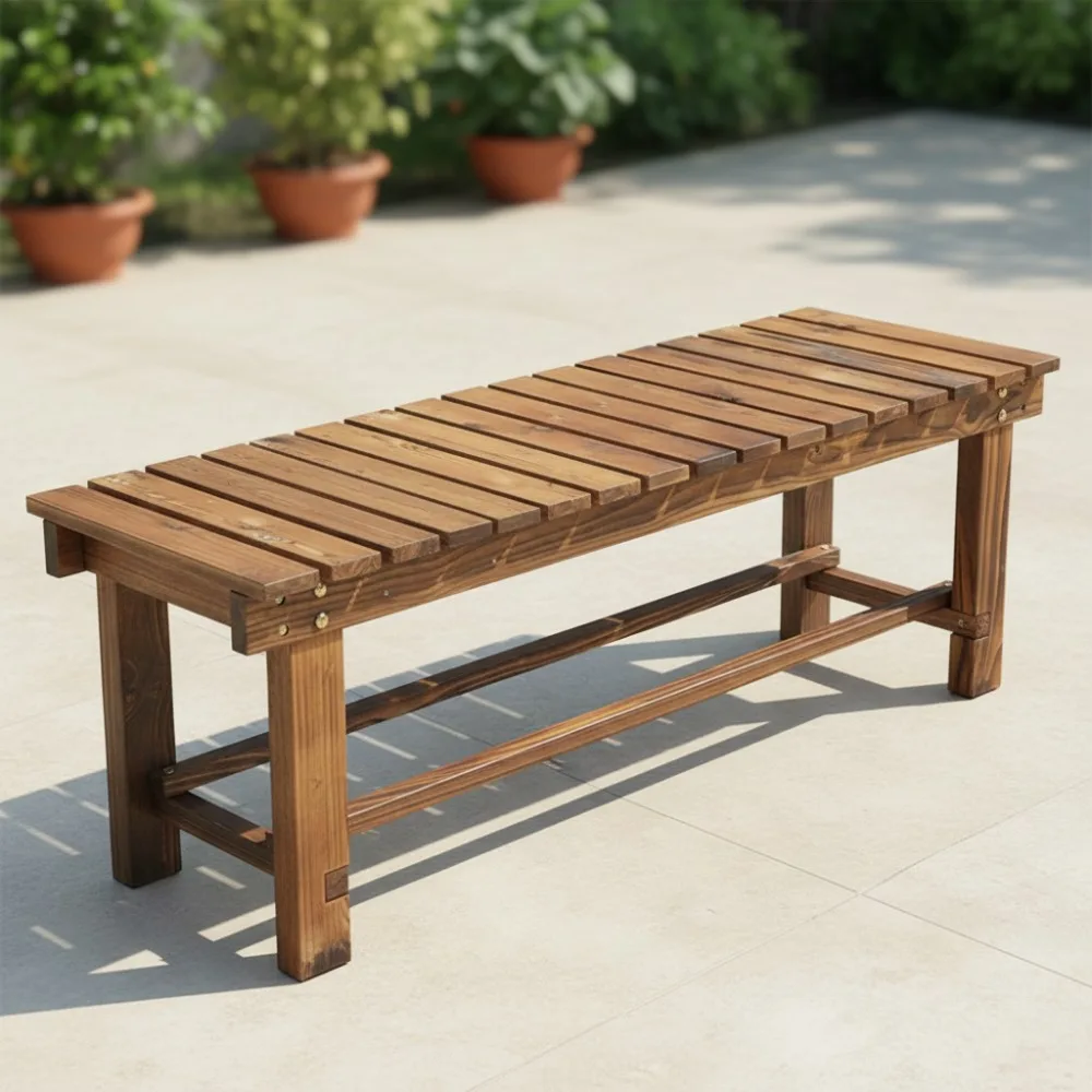 Banco de jardín para exteriores de 35,4 pulgadas, asiento de Patio resistente a la intemperie, listones de madera sin respaldo, abeto carbonizado de alta temperatura