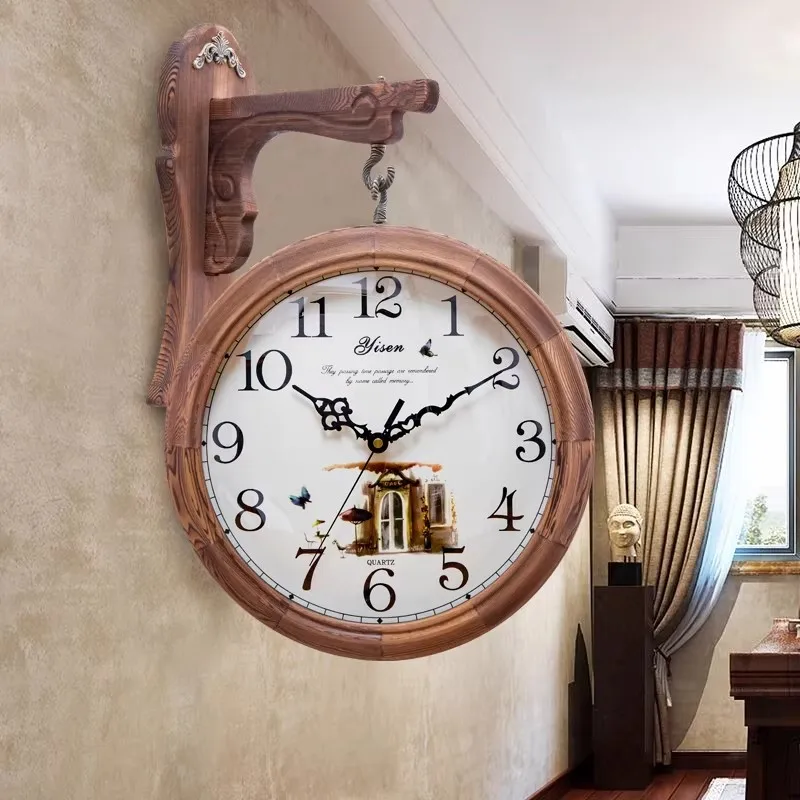 Wooden Wall Clocks Two Sided Living Room Wall Clock Nordic Retro Corridor Silent Clock Elegant Luxury Decorative Quartz Clocks