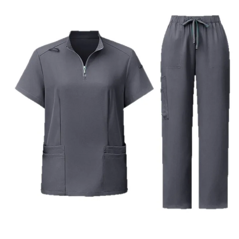 Hospital Scrubs Uniform Stand Collar Zipper Gown for Doctors Nurses