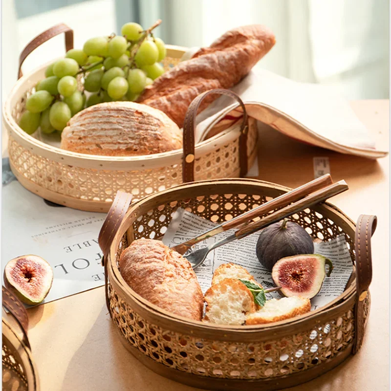 

Kitchen Storage Basket Hand-woven Rattan Nordic Wicker Trays with Handle for Fruit Bread Sundries Flower Girl Basket Organizer