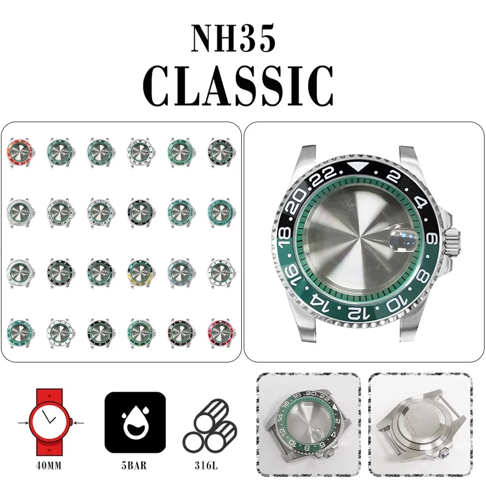 

316L stainless steel dense bottom 40mm case + green inner shadow ring + sapphire magnifying glass can be installed with NH35/NH3