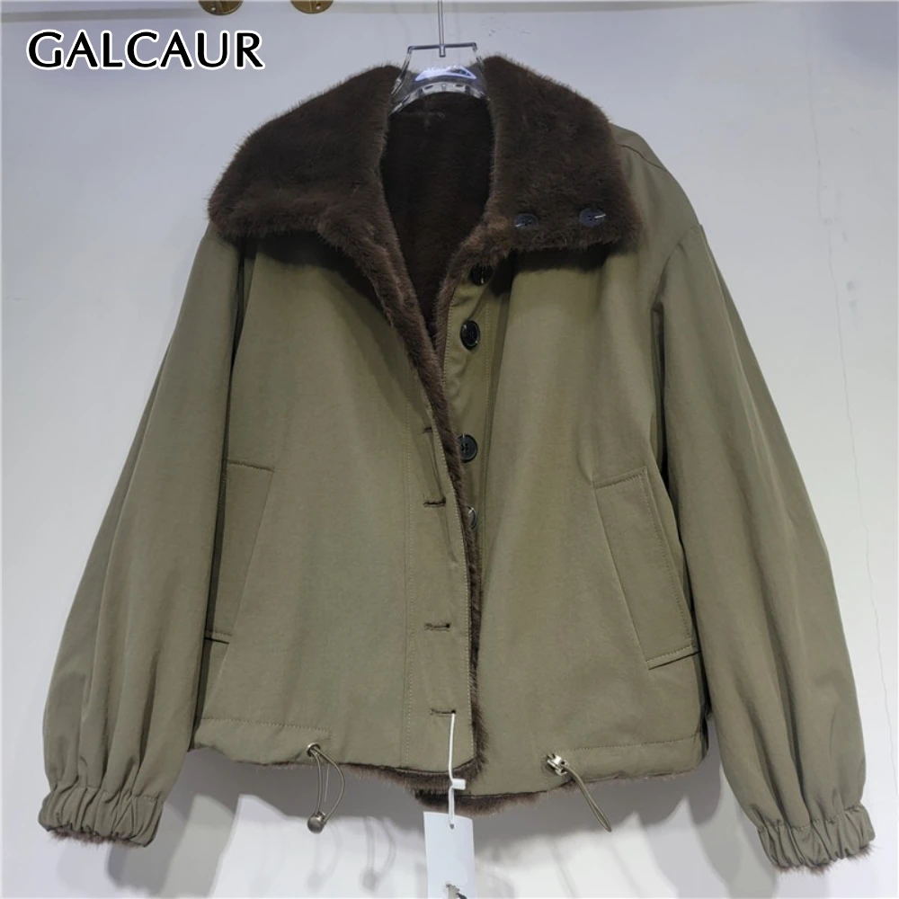 

GALCAUR однотонная шикарная куртка на меху, женская свободная винтажная уличная одежда с лацканами и длинными рукавами, женские куртки, осенняя мода, новый стиль