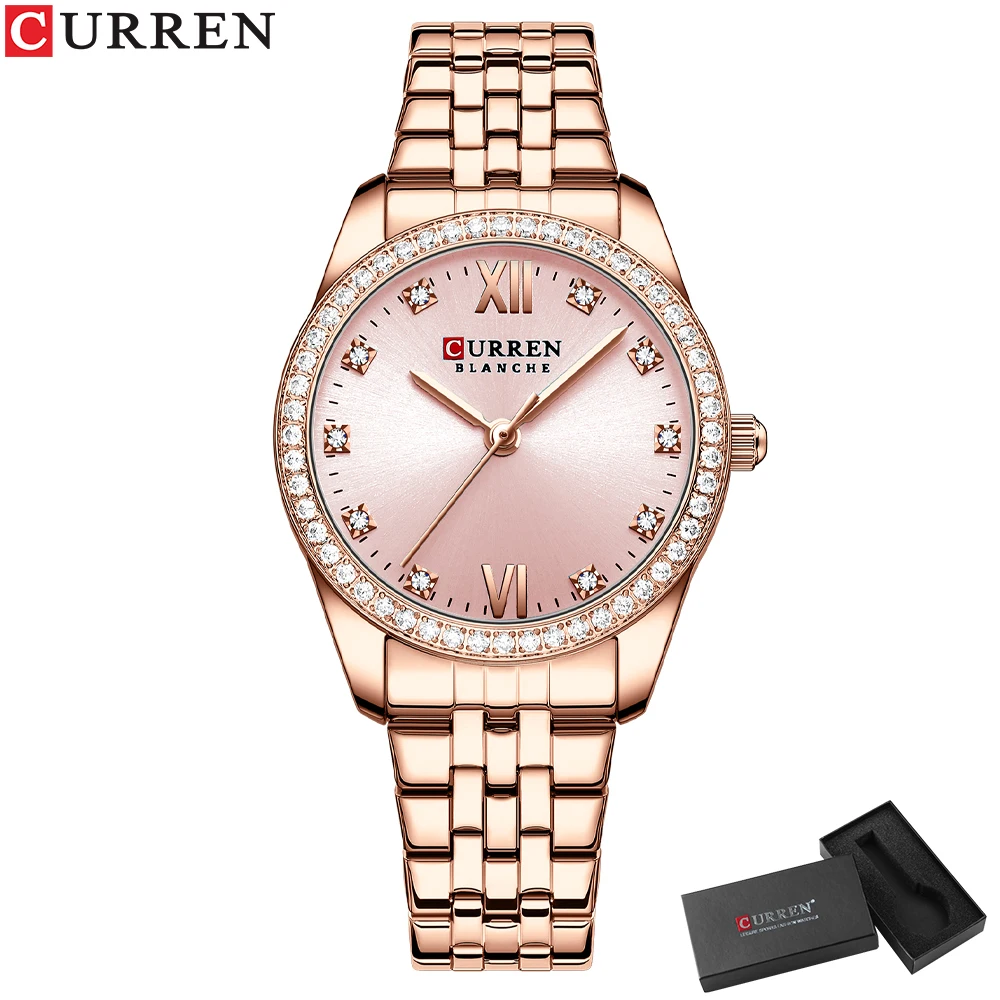 Curren klassische einfache Edelstahl Quarzuhren für Frauen Rose Zifferblatt mit Strass charmante Armbanduhren 9