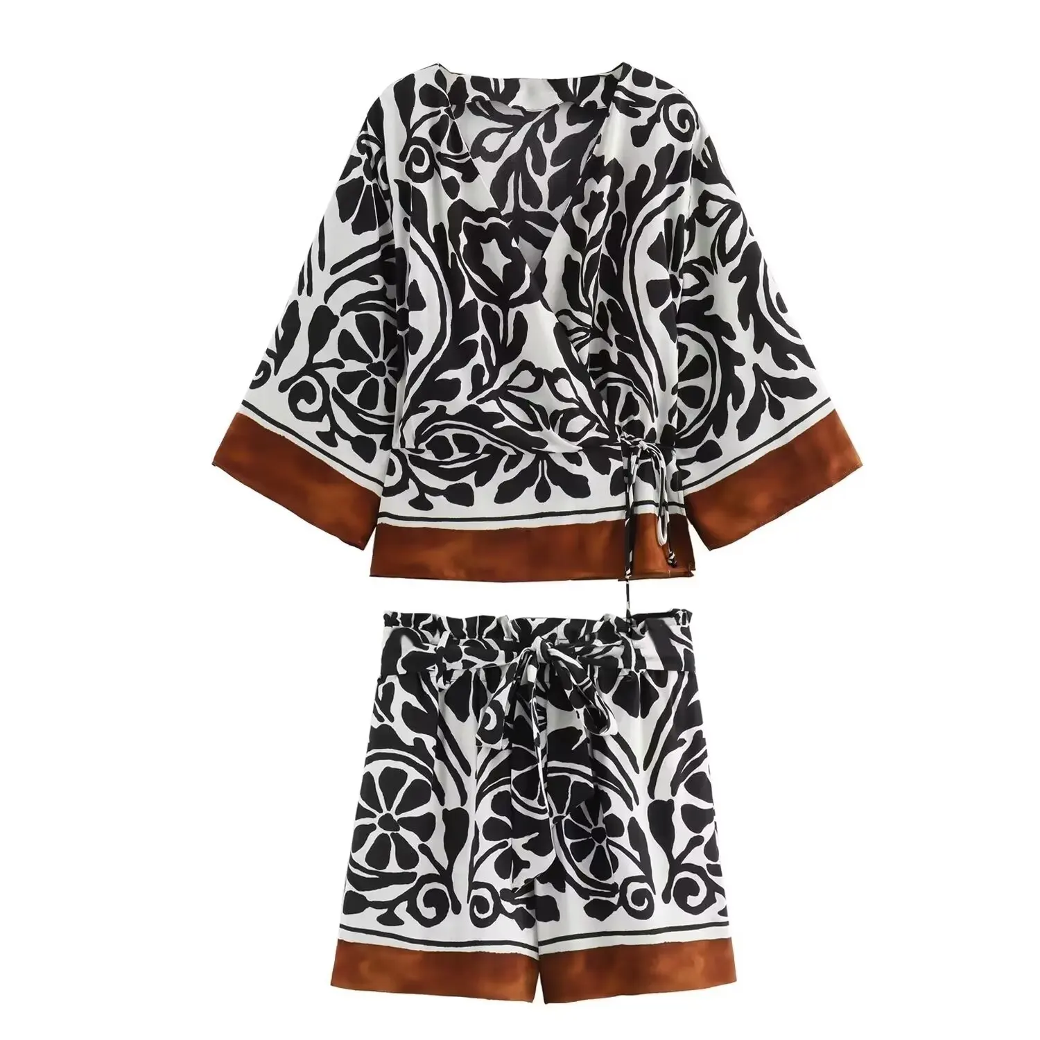 Women\'s Fashion Printed V-neck Kimono Top Shorts Set Printed Shirt Casual Shorts Two-piece Set Paper Bag Shorts 2024 Summer