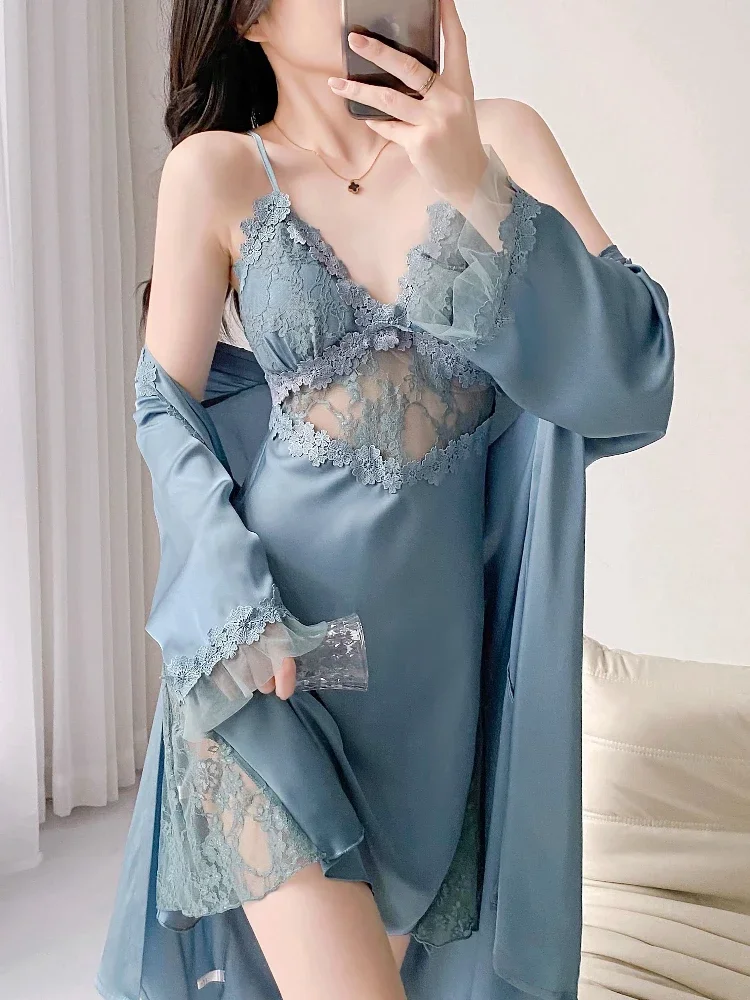 Silk Robes for Women, Sexy Lace Lingerie with Deep V Neck and Backless Design, Padded Sleepwear Gown Set with Tie Belt for Home