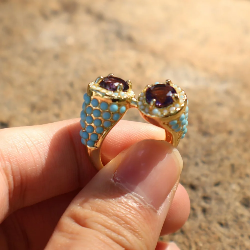 A 14k gold turquoise purple zircon punk ring, couple's holiday gift, purple accessory view 4