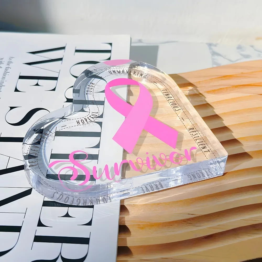 CIFBUY Acrylic Cancer Survivor Plaque 2D Flat Heart Shaped Inspirational Quote Keepsake Ornament Home Desktop Display Decor Gift