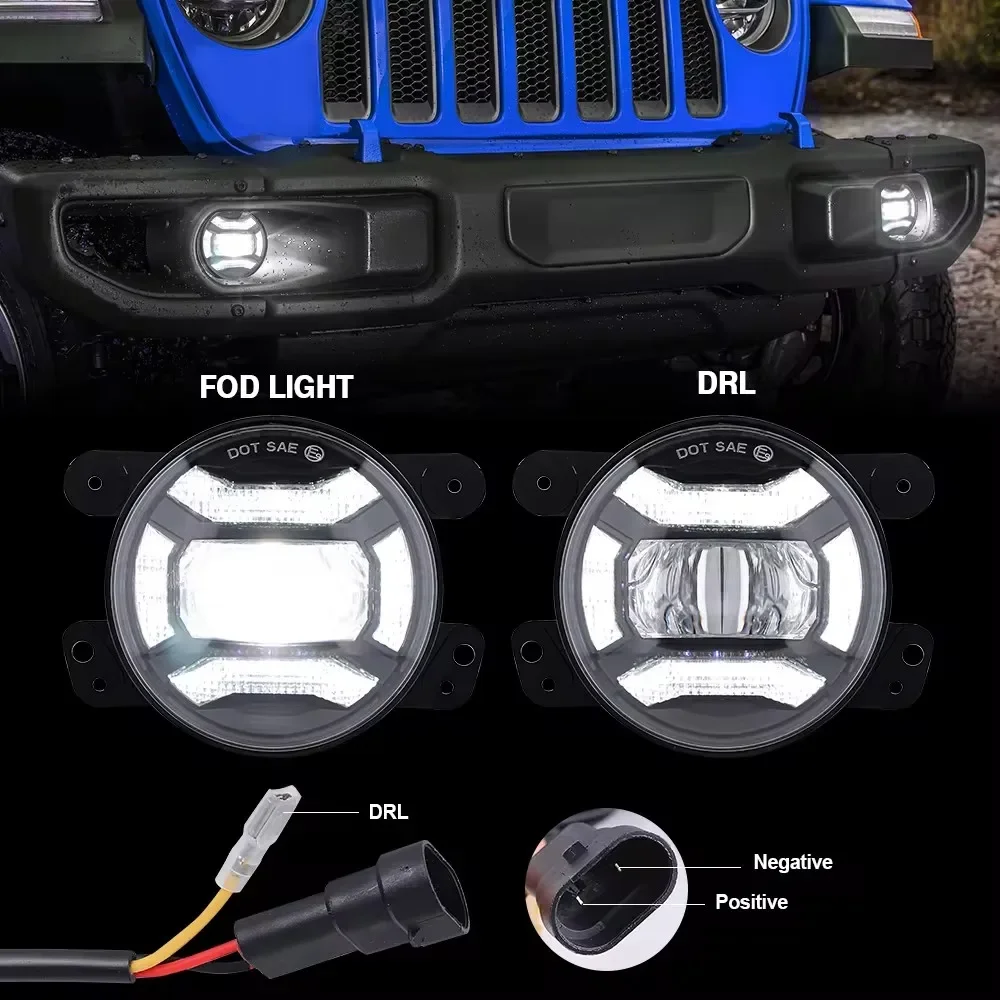 1Pair 30W 4 Inch LED Fog Light for Jeep Wrangler JK JKU LJ Dodge Chrysler Journey with DRL Turn Signal Passing Auxiliary Lights