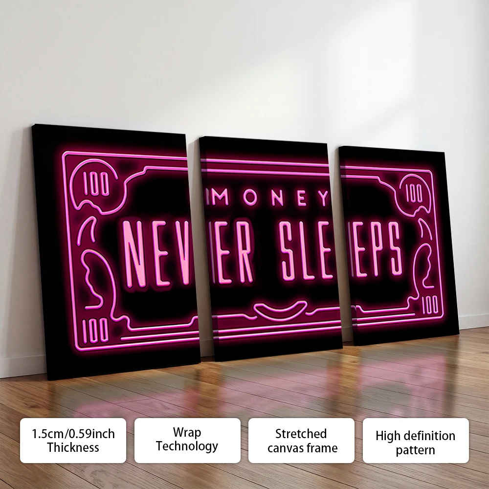3pcs/Set Wooden Frame Canvas Wall Art, Neon Money Never Sleeps Quote Print, Living Room Bedroom Kitchen Office Home Decor - view 6