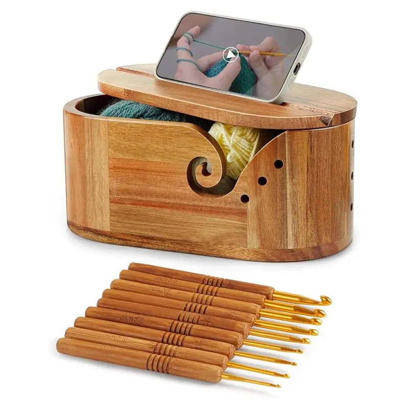 

MOPHE-Wooden Yarn Bowl Large Oval Yarn Holder With 9Pcs Crochet Hooks For Knitting And Crocheting For Crocheters