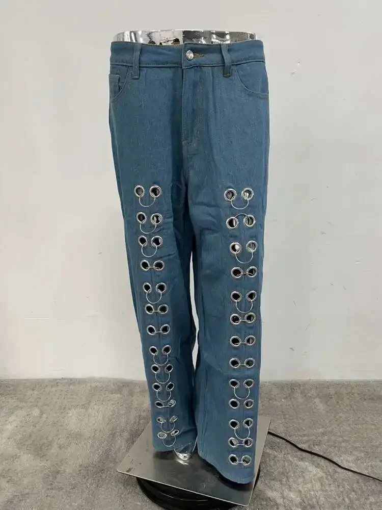 

Fashion Metal Hole Casual Jeans For Women Hollow Out Straight Loose Casual Denim Pants Spring New Items