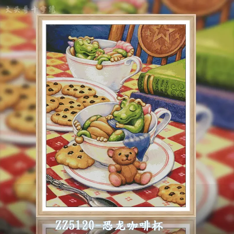 [ZZ5120-Dinosaur Coffee Cup] DIY Printed Cross Stitch Embroidery Kit 14CT 16CT, Hand Stitching, Cotton Thread Set