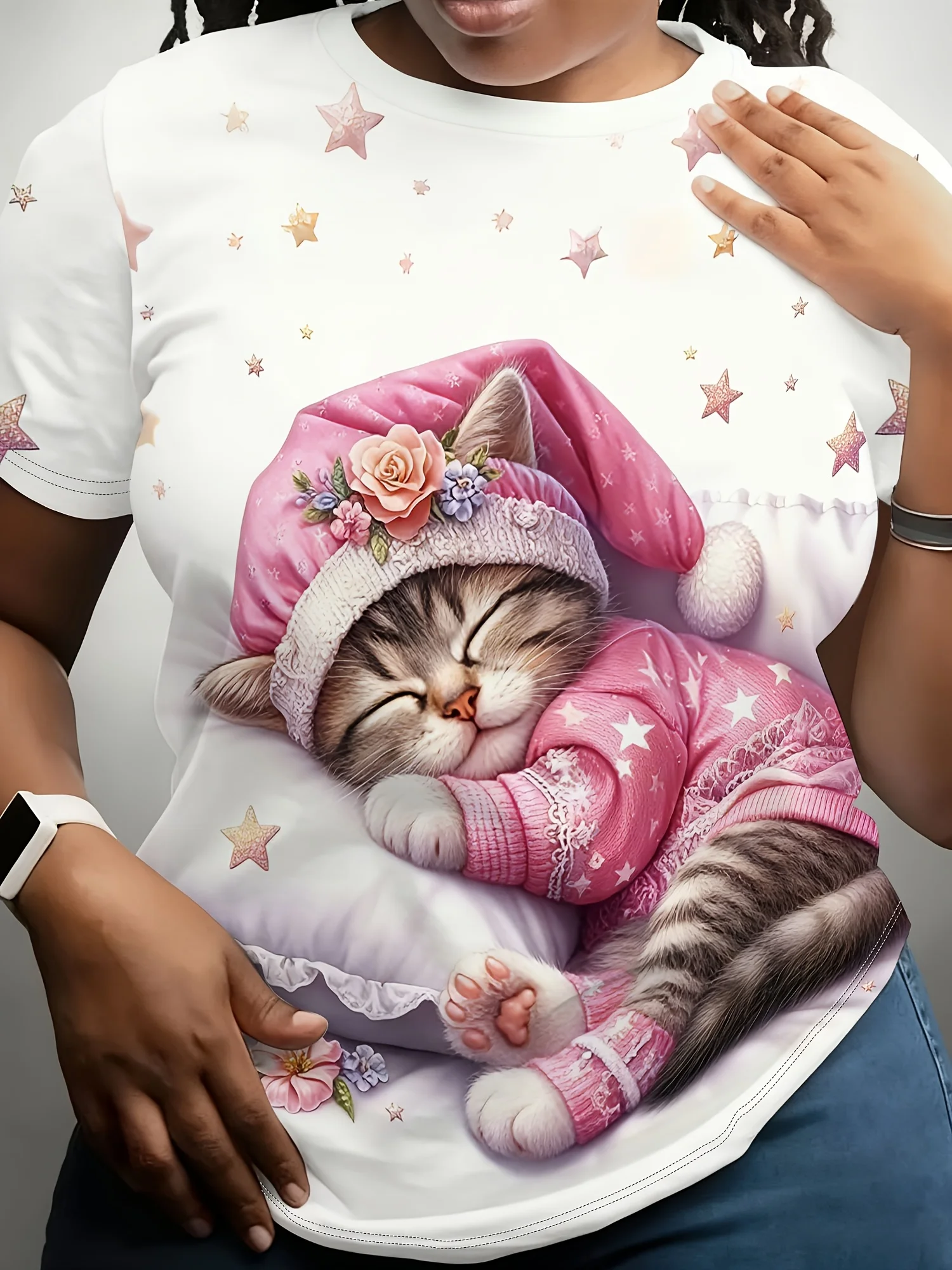 Women Crew Neck Short Sleeve T‑Shirt, Cute Sleeping Kitten in Pajamas Nightcap Star Floral Art Graphic Tee