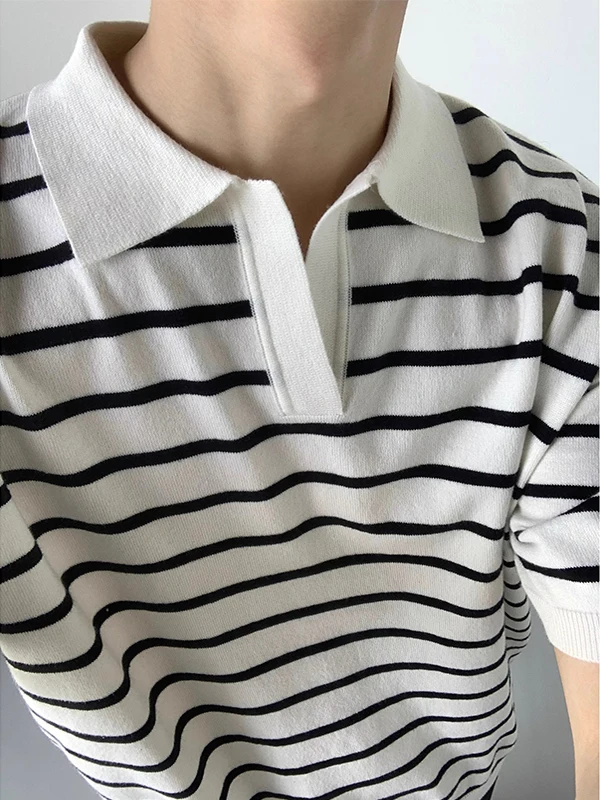 

Summer Stripe irt Men's Turn-down Collar Knitted Loose Svel Five-button ort-sve T-irt Busin Casual Sle