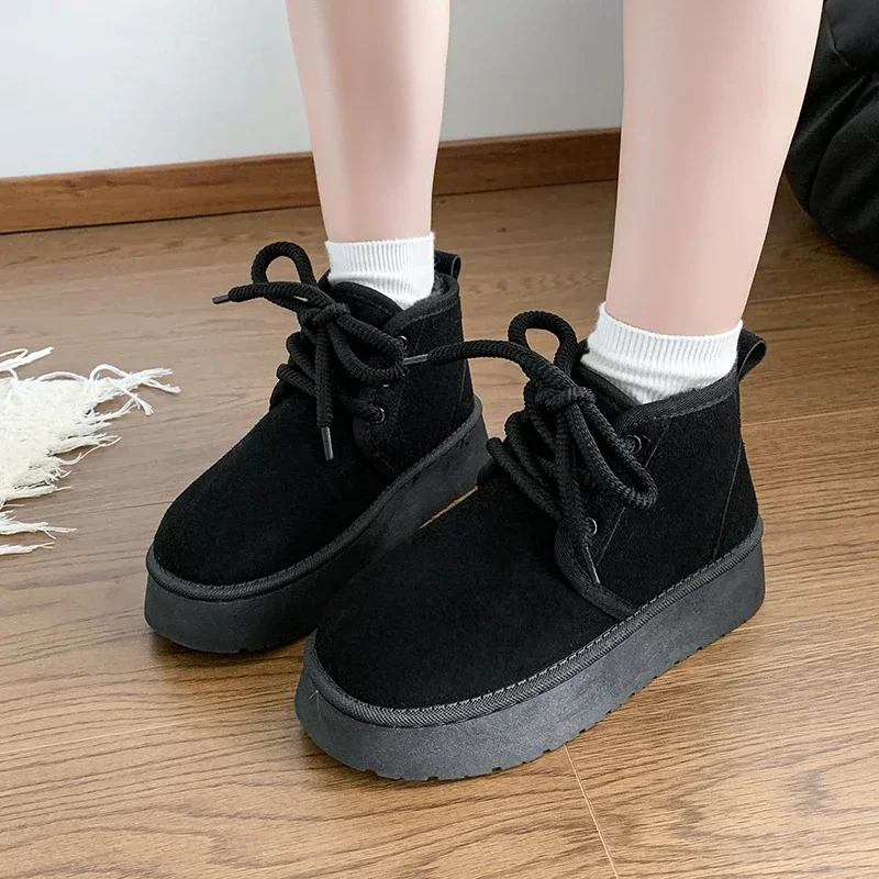 

Winter New Style Round-toe Platform Sole Fashion Suede Flat Snow Boots Lace-up Plus Velvet Warm Casual Women's Boots