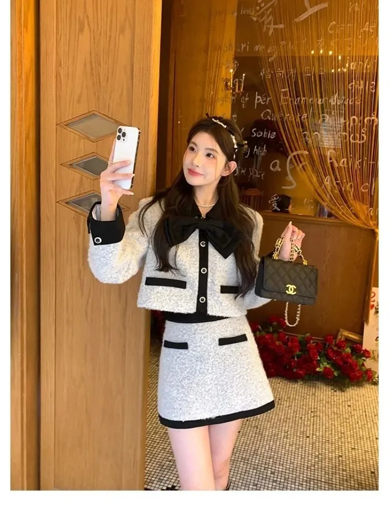 French Temperament Sweet Woolen Coat Skirt Two-piece Set Women Fashion Polo Single Breasted Contrast Color Celebrity Slim Suit