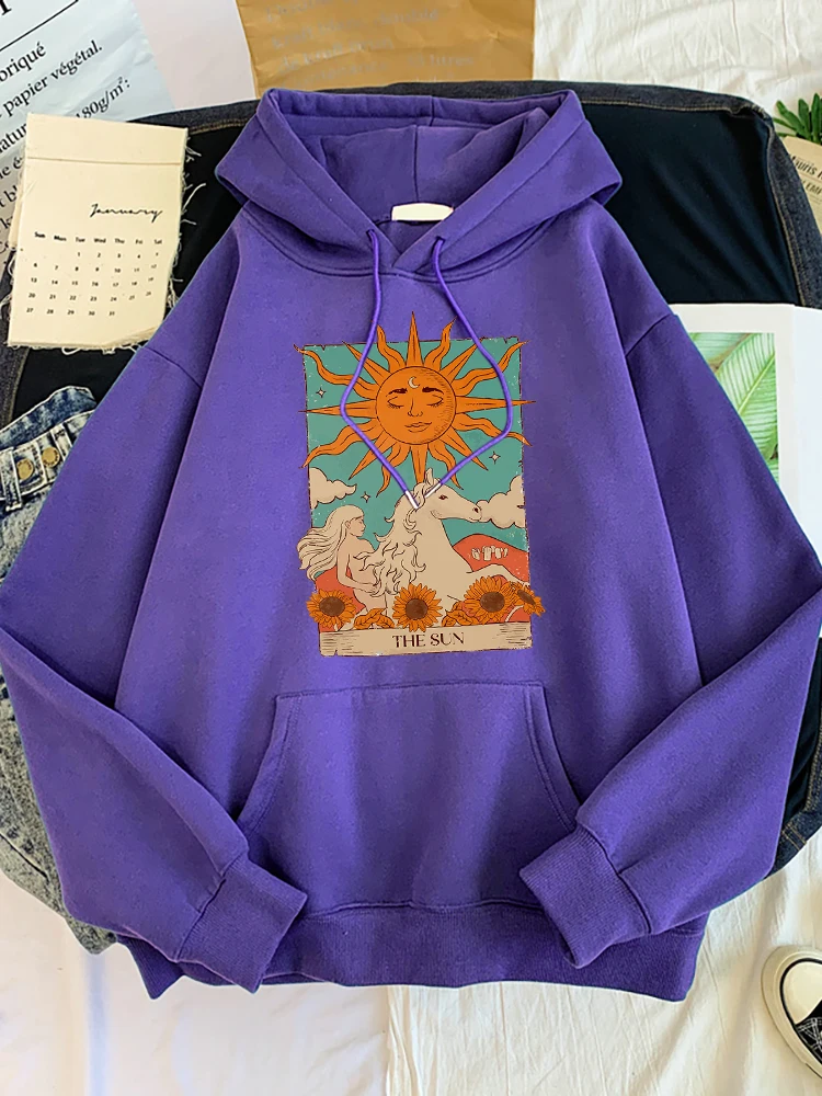 Tarot Card Art The Sun Prints Female Hoodies Fashion Casual Sportshirt Oversize Loose Sweatshirts Warm Fleece Woman Clothing