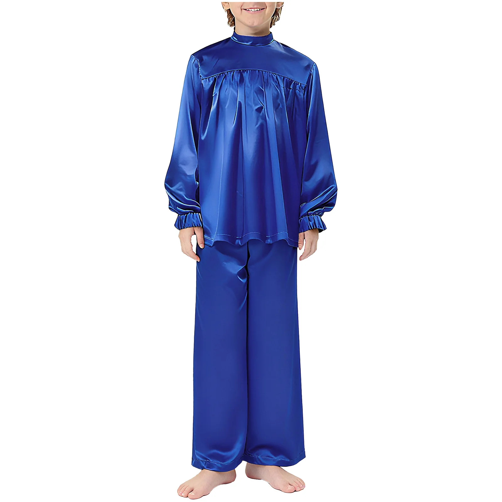 

Boys Girls Church Liturgical Praise Dance Costumes Mock Neck Long Sleeve Satin Top with Wide-Leg Pants Modern Lyrical Dancewear