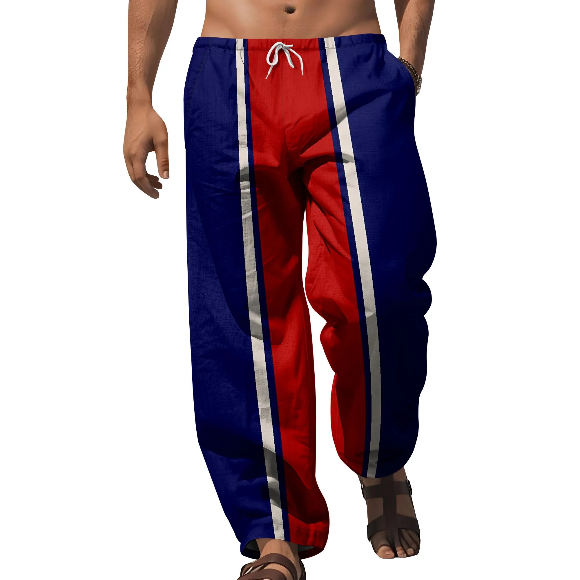 YEAE Blue Red Stripe Print Pants for Men Summer casual Loose Drawstring Trousers