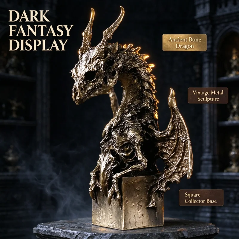 Solid Brass Winged Skeleton Dragon Bust Myth Creature Figurine Desktop Ornament Collectible Craft Gift Home Office Decoration