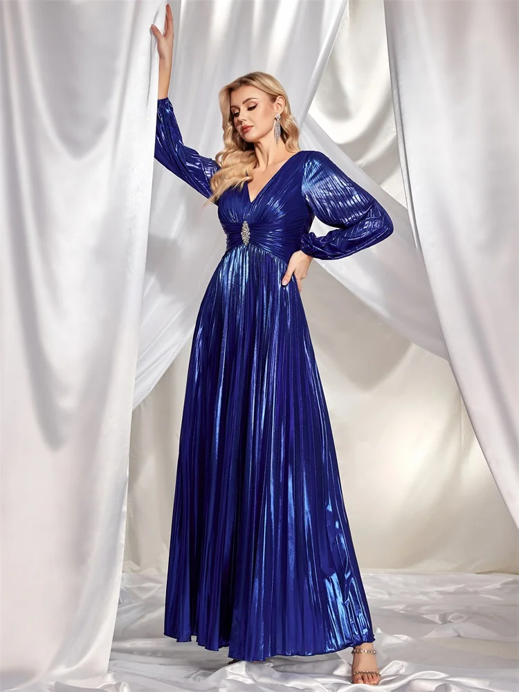 Lucyinlove Luxury V-Neck Satin Long sleeve Blue Evening Dress For 2024 Women Elegant Wedding Party Long Prom Cocktail Dress