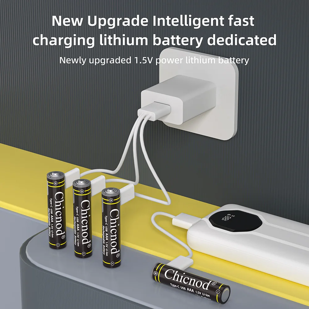 CHICNOD Fast Charging 1.5V AAA Lithium ion Battery 814mWh USB Rechargeable Lithium Battery for Toy Keyboard+Type-C Charging Cabl