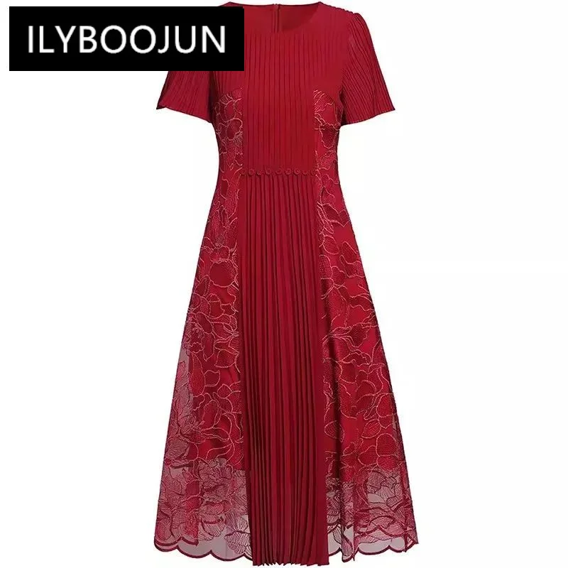 

ILYBOOJUN Fashion Designer Spring Summer Woman's Short Sleeve Mesh Embroidery Splicing Folds Streetwear High quality Dresses