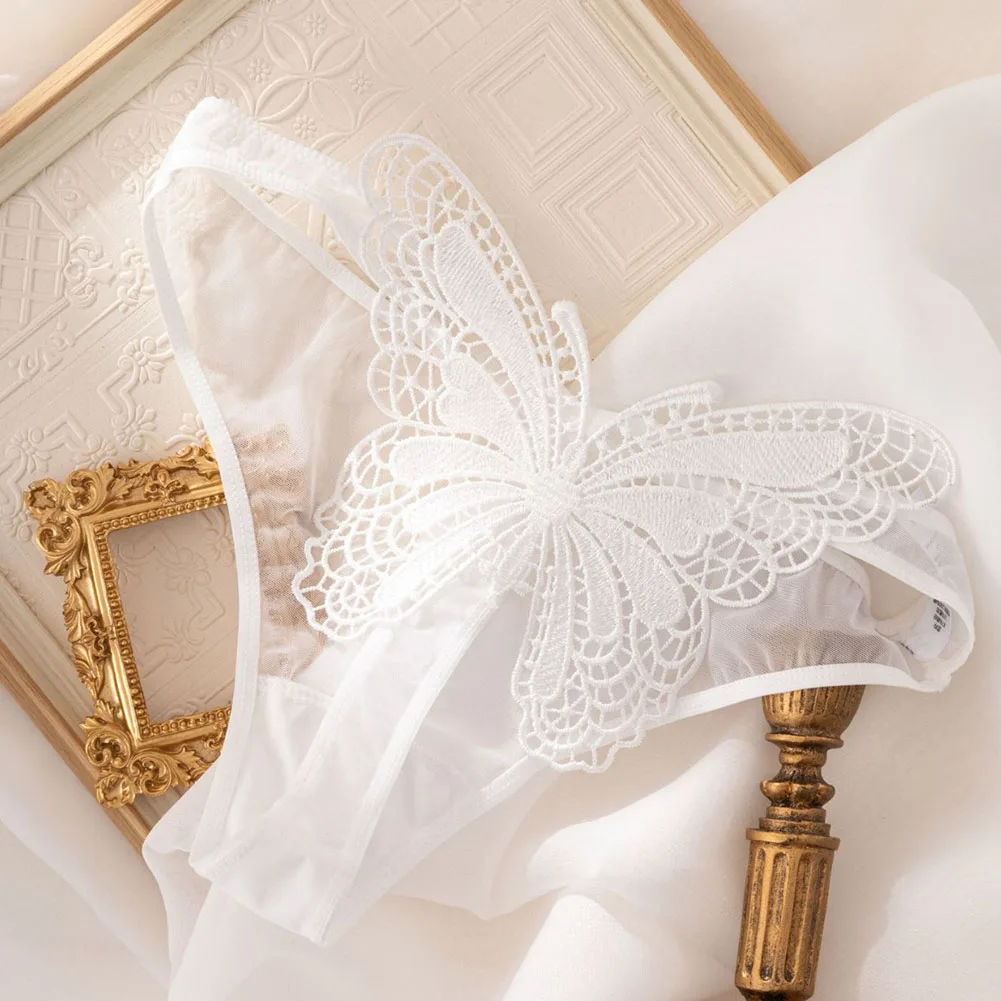 Sexy Lingerie Lace Women Transparent Low-Waist Pant Hollow Out Thongs Butterfly Decoration Ultra-Thin See Through Underwear