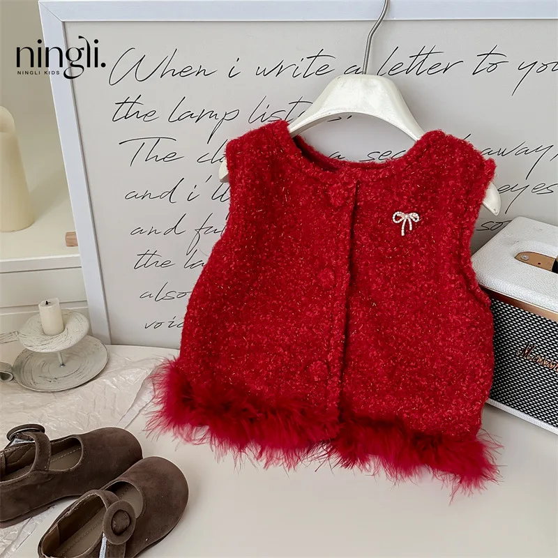 

Girl Vest Autumn Winter 2024 Add Velvet Red Christmas New Year Chinese Style Sleeveless Top Casual Simple Fashion Sweet Korean