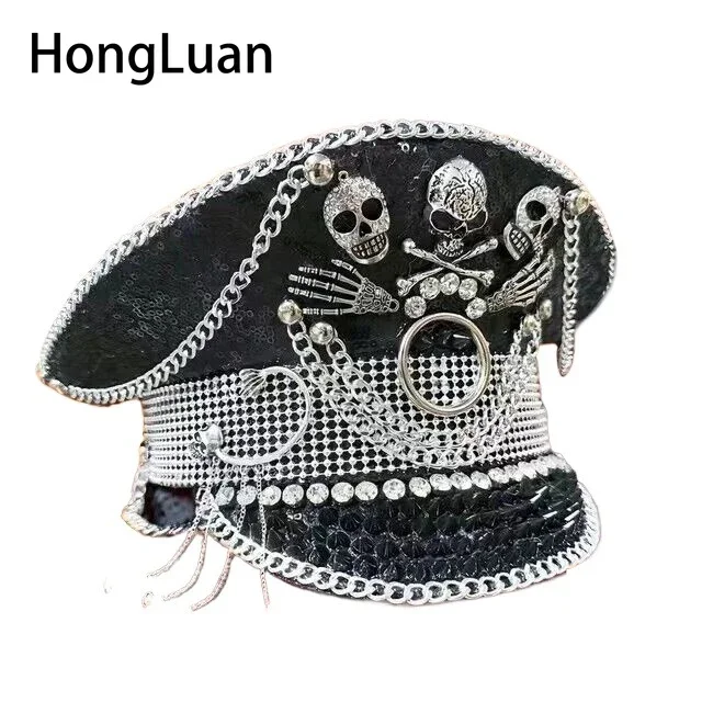 Black Skull Pattern Chain Rivet Sequined Hat for Adults, Halloween Bars Cruise Ship Party,Steampunk Captain Hat Halloween Hat