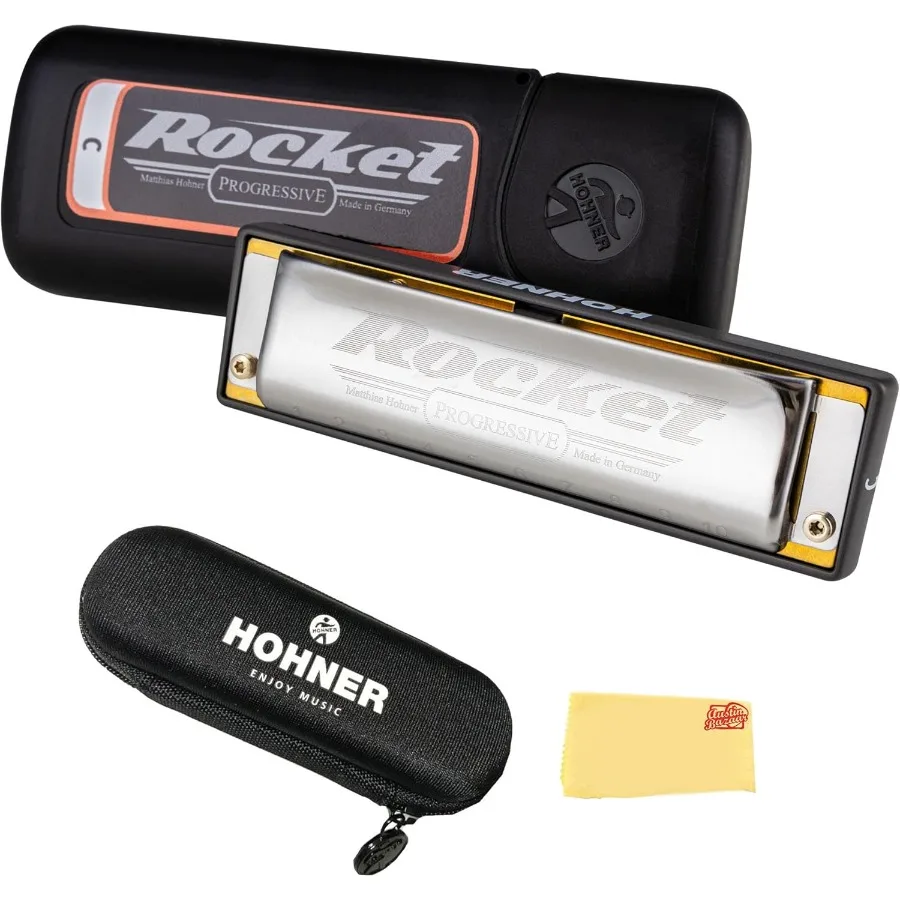 Harmonica à fusée progressif Hohner en clé de C avec pochette de protection et chiffon de polissage Austin Bazaar Premium idéal pour