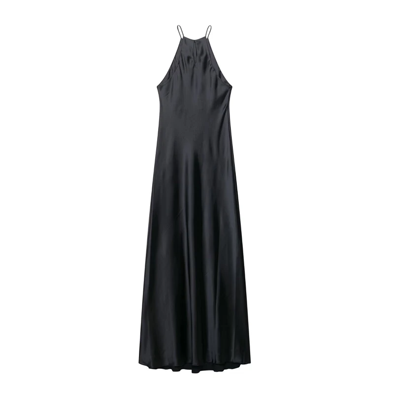 KEYANKETIAN 2025 nouvelles femmes soie Satin texturé Spaghetti sangle licou robe mode simplement mince noir une ligne robes MIDI