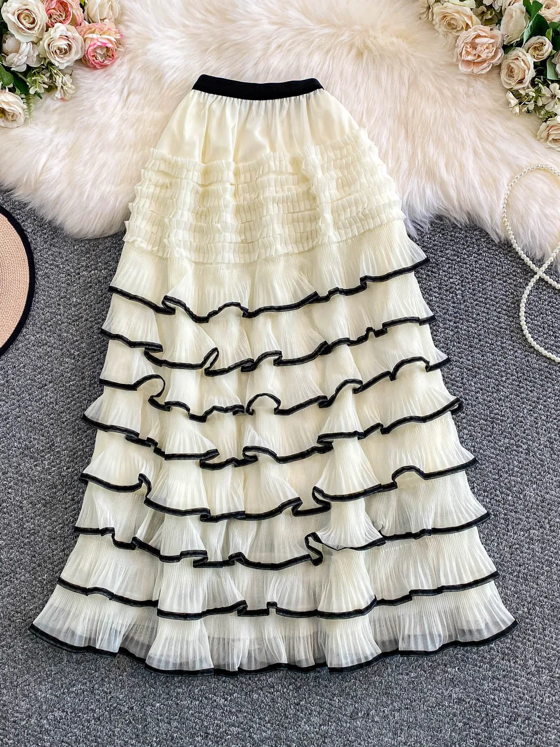 تنورة كعكة عادية المرأة عالية الخصر رقيق ميدي تنورة مخطط تصميم Ci تخفيف فضفاضة تناسب الخريف الشتاء الحلو الجنية تنورة #1