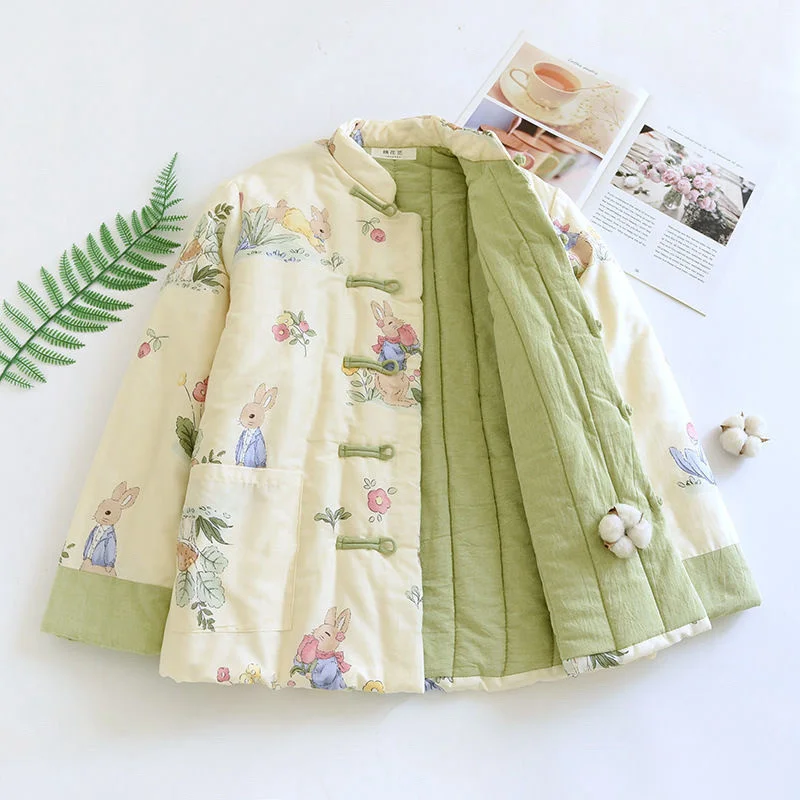 Women's Cotton Coat 2026 Autumn Winter Jacket Retro Plate Buckle Chinese Style Floral Pattern Lightweight Cotton Outerwear