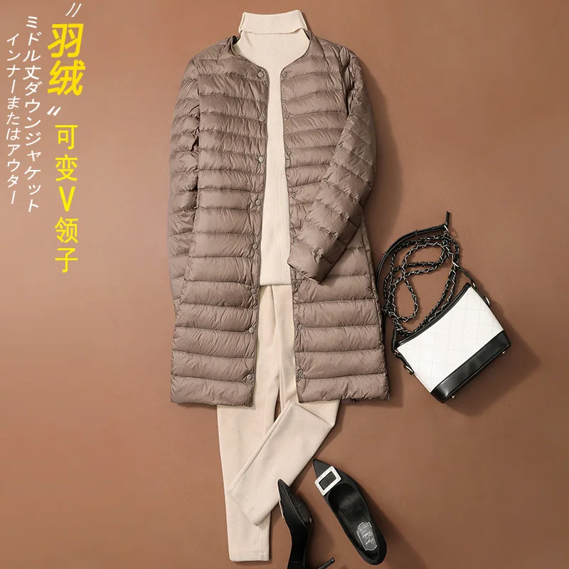 Lightweight Portable White Duck Down Puffer Jacket Women Mid Long Winter Round Neck  Inner Liner Down Coat Outerwear JK-450