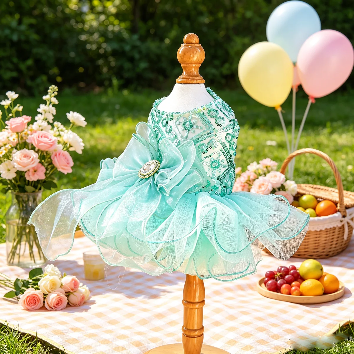 Glitzerndes Tüll-Hochzeitskleid, Sommer-Haustier-Outfit für kleine Hunde und Katzen, passend für Teddy, Bichon, Pomeranian, Yorkshire, Malteser – Detail 6