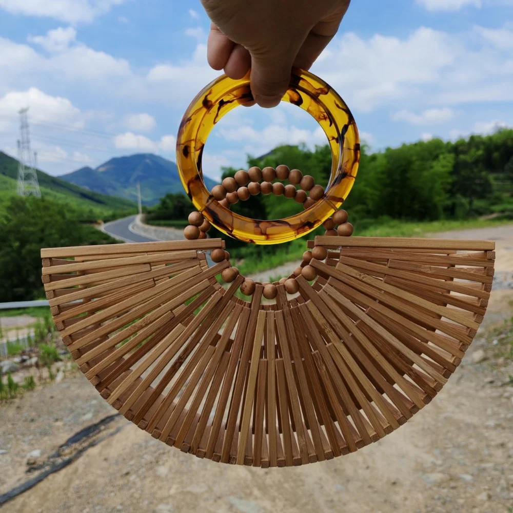 

Half Circle Handmade Bamboo Women's Handbag Summer New Hollow Out Resin Handle Bamboo Woven Bag Vacation Travel Female Beach Bag
