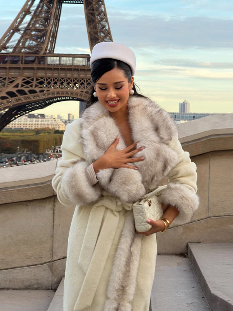 Ladies Winter Long Wool Blend Coat Faux Fur Collar Cuff Belted Waist Loose Fit Maxi Coats Thick Warm Outerwear Streetwear Jacket