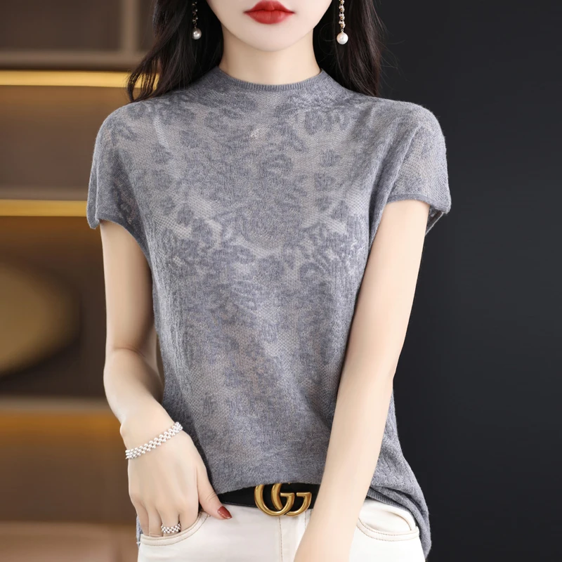 2023 Summer sexy Lace cashmere short sleeve women\'s thin breathable pullover cashmere fashion casual short sleeve