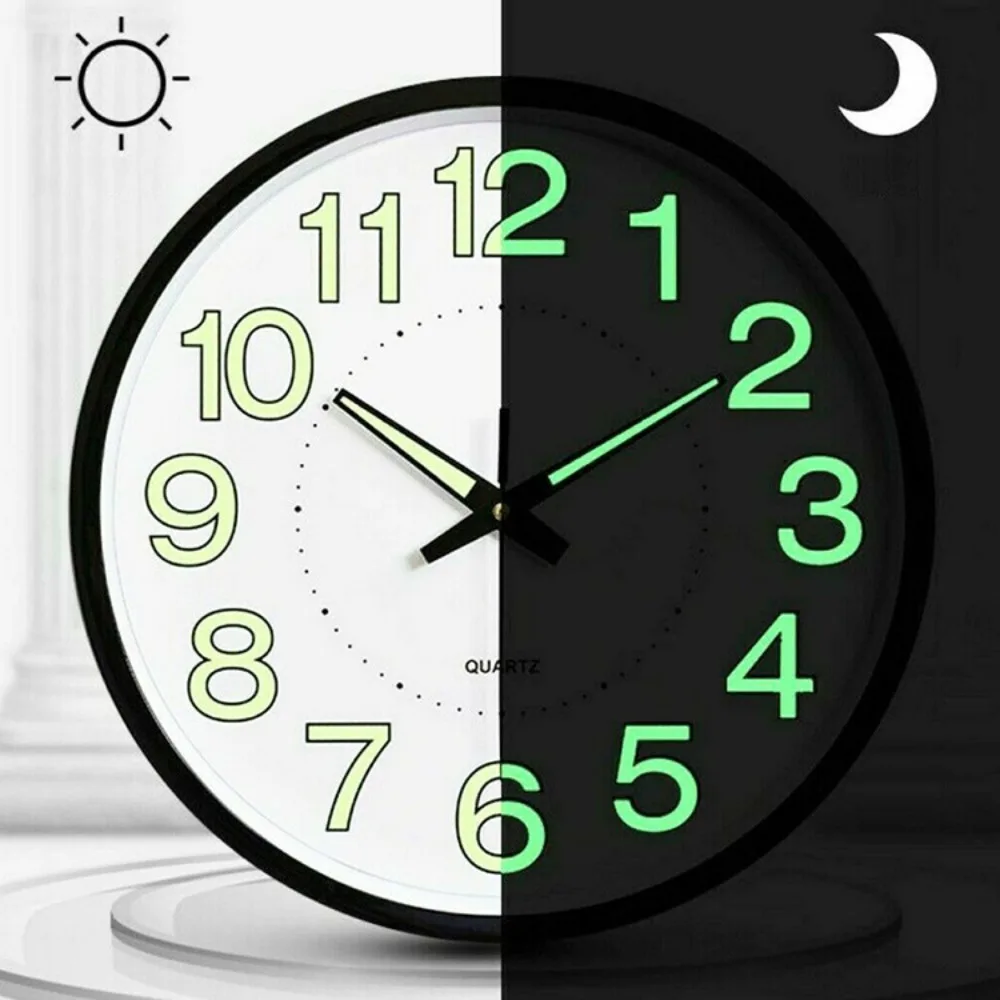 Modern 12inch Glow in The Dark Clock Non-Ticking Energy-Saving Wall Clock Hanging Plastic Silent Quartz Clock Kitchen