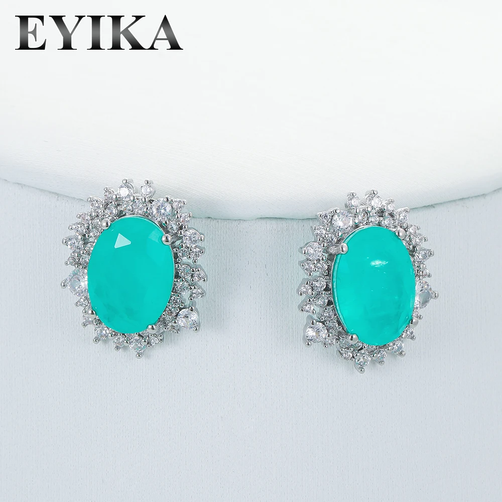 

EYIKA Oval Paraiba Tourmaline Gemstone Stud Earrings For Women Elegant Zircon Egg Shape Ear Nail Fine Jewelry Anniversary Gift