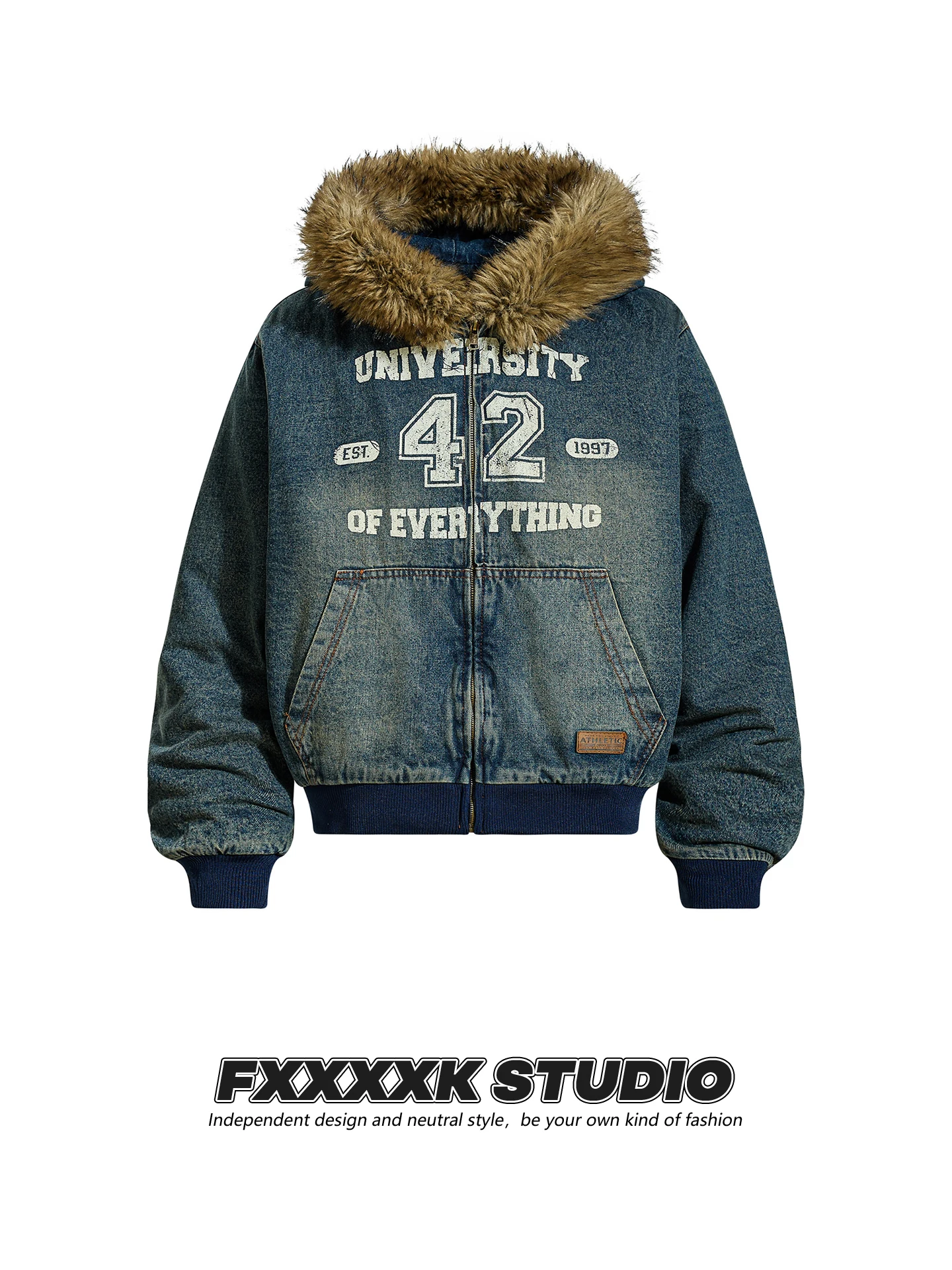 

FXK Original Retro American Waed Letter Print Denim Jaet Thiened Cotton Coat with Large Fur Collar Warm Youth Casual