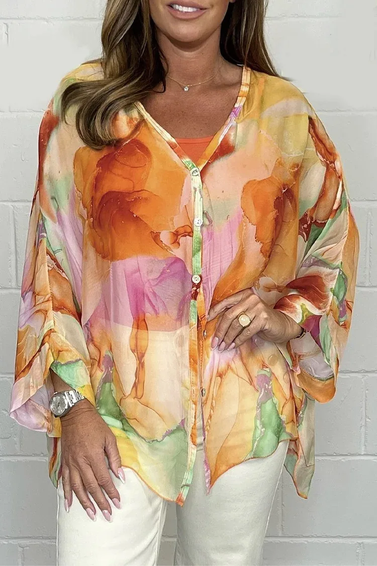 

Loose Casual Tie Dye Print Side Split Shirt For Women Fashion Elegant V Neck Buttoned Chiffon Long Sleeved Shirt 2024 Summer New